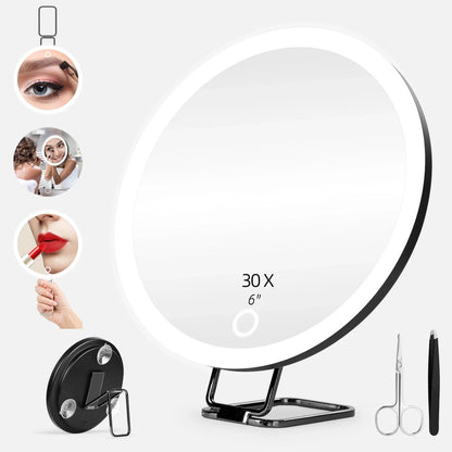 6 Inch Magnifying Mirror with Light - 5-30X Portable Travel Mirror with 360° Adjustable Stand and Suction Cup