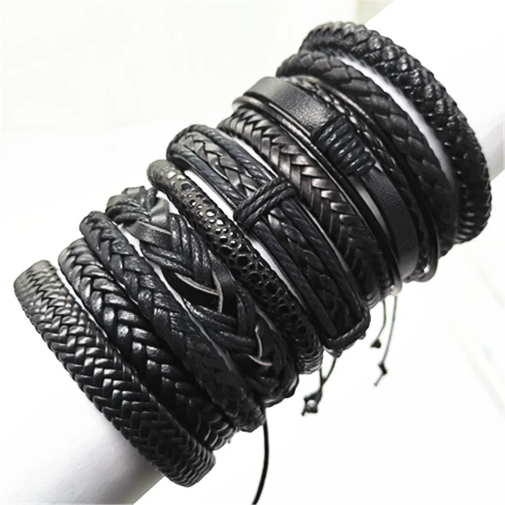 10 Piece Black Woven Wrap Bracelet Set | Handmade Fashion Leather Bangle Jewelry Gift for Men and Women