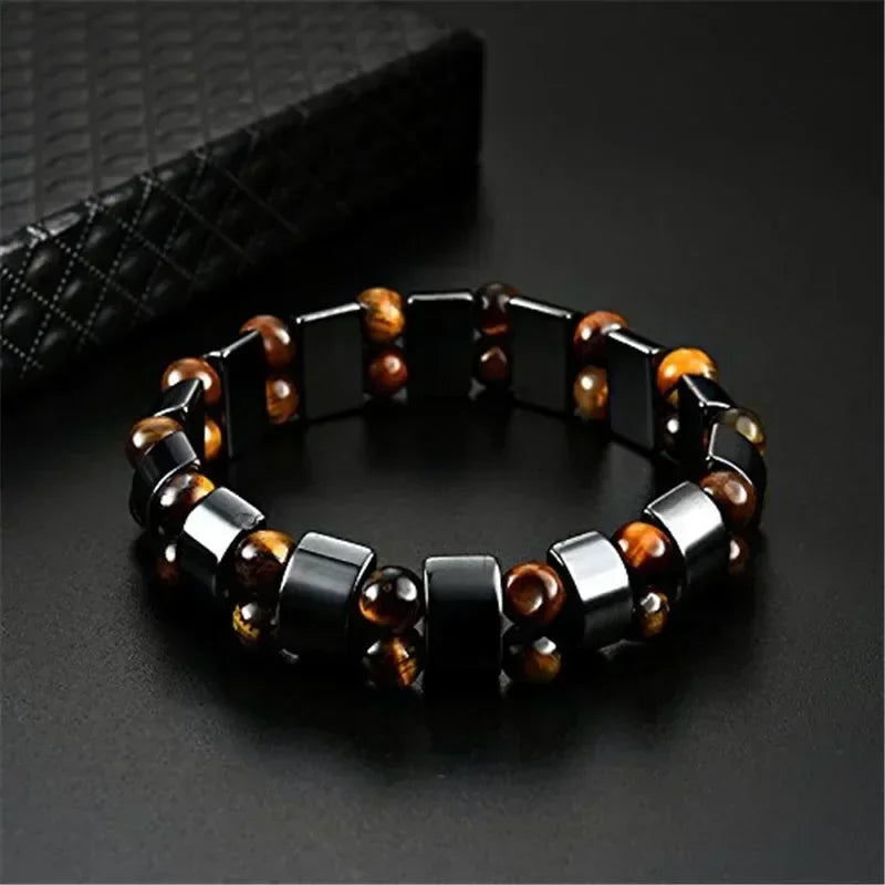 Natural Stone Double Layer Tiger Eye Bracelet - Magnetic Therapy Lymphatic Detoxification, Weight Loss Jewelry for Men and Women