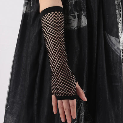 Black Fishnet Fingerless Gothic Gloves: Long Leg Arm Cuff for Party Wear - Fancy Women's Glove Cosplay, Darkly Ninja-Inspired Mitten