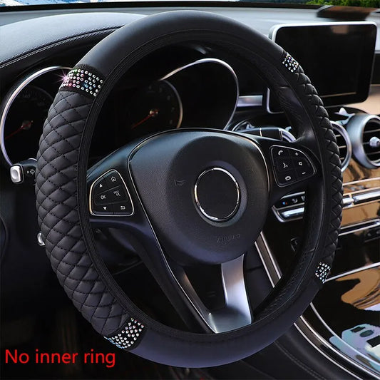 37-38cm Car Steering Wheel Cover: Three-dimensional Leather with Embroidered Color Diamond-encrusted Design - Breathable, No Inner Ring