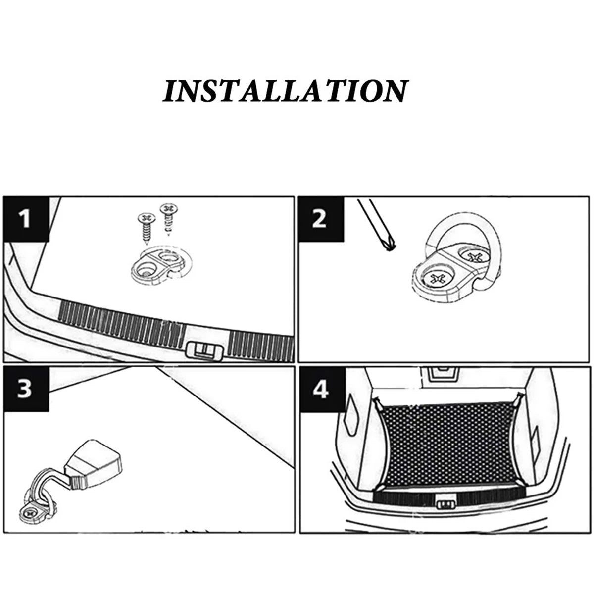 4-Piece Cargo Net Floor Hook Set - Rear Trunk Boot Accessories, Tie Down Hook Ring Loop, Flat Screen Net Fixing Kit