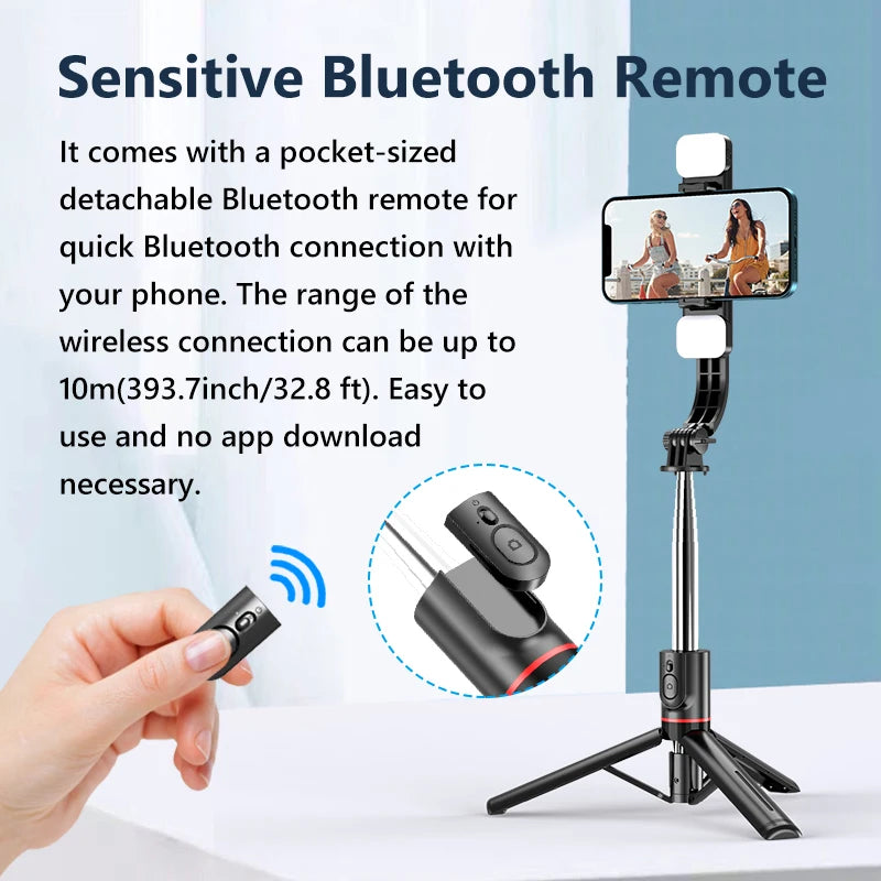 L13D Bluetooth Selfie Stick with Dual Fill Lights - 1160mm Extendable Tripod with Remote Shutter for Android and iOS Phones