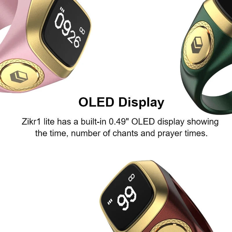 Iqibla Zikr1 Lite Smart Tasbih Tally Digital Counter Ring - Muslim Tasbeeh with 5 Prayer Time Vibration Reminder, Waterproof