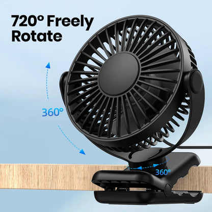 TOPK Mini Portable Clip-On Fan – USB Desk Fan with 3 Speeds, Quiet Wind, 720° Rotate, Personal Electric Fan for Home