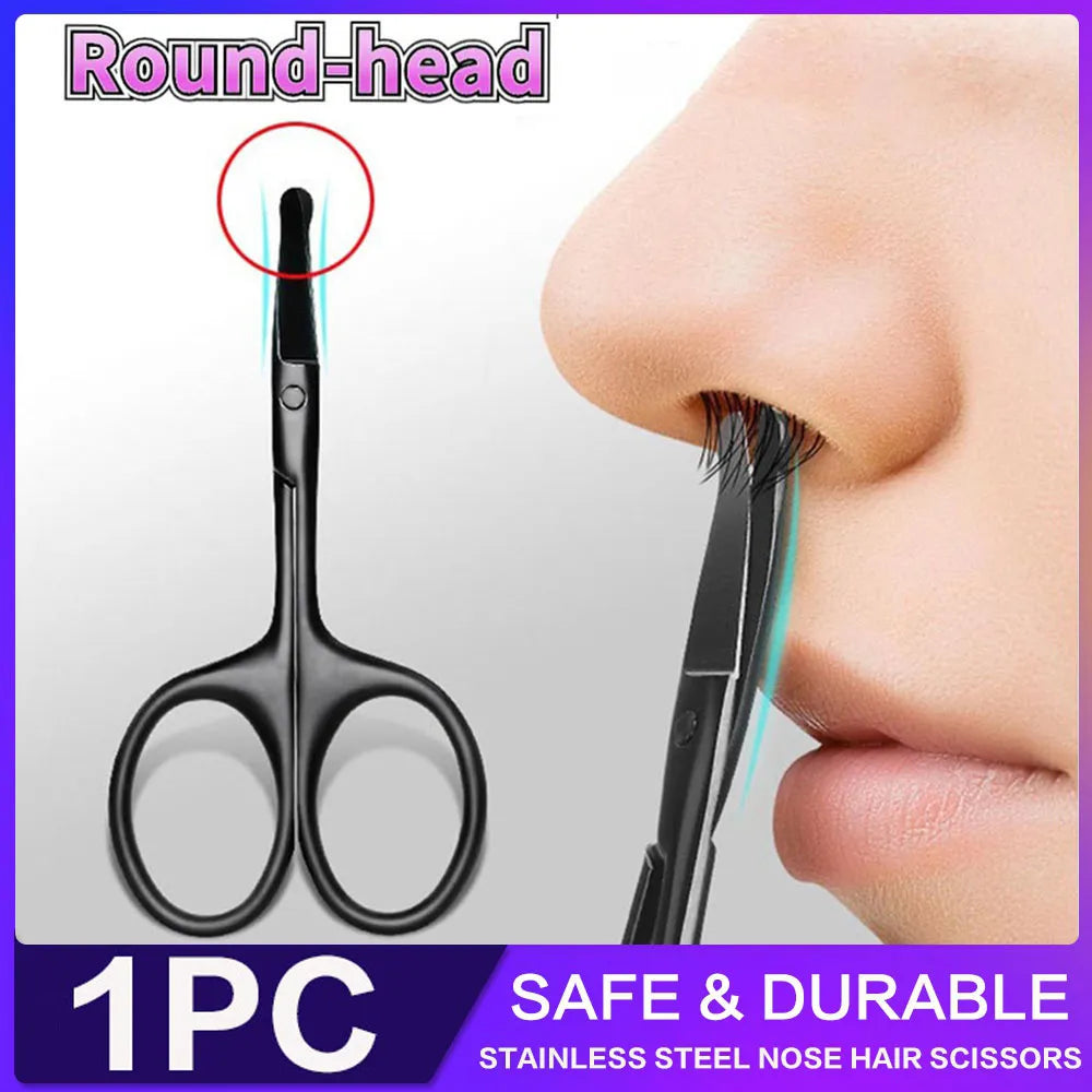 Unisex Stainless Steel Safe Nose Hair Scissors - Black Round Head Design (Gentle on Nose)