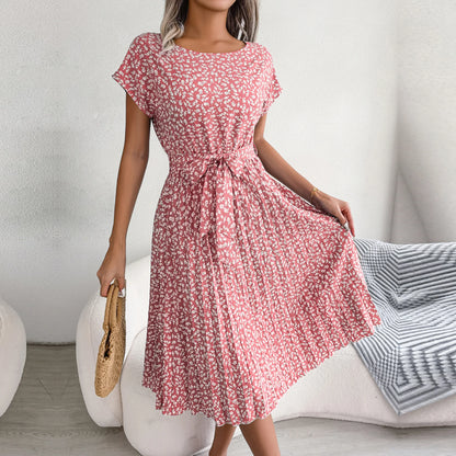 Spring Summer Women's Short Sleeve High Waist Floral Dress: Chic A-line Pleated Long Dress - Fashion Statement