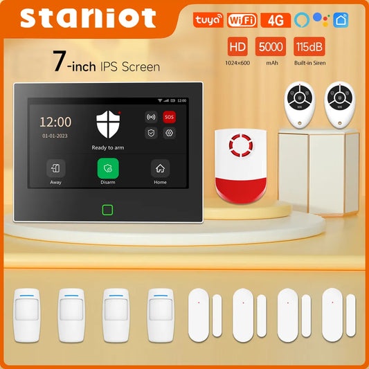 Staniot 7-Inch Wireless WiFi 4G Home Alarm System - Smart Security Protection Kit with Built-In 115dB Siren and 5000mAh Battery, Tuya Compatible