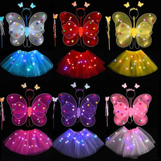 Butterfly Sequin Wings and Glowing Mesh Tutu Skirt - Fairy-Themed Dress Up for Girls' 1st and 2nd Birthday Parties and Baby Showers