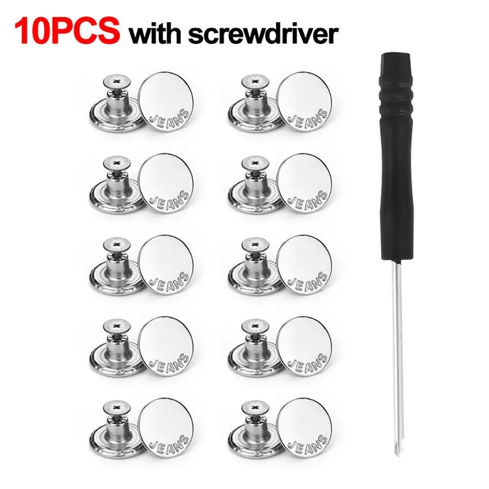 10Pcs Metal Jeans Buttons - 17mm No-Sewing Screw Replacement, Nailless Removable Jean Buckles and Repair Kit for Clothing