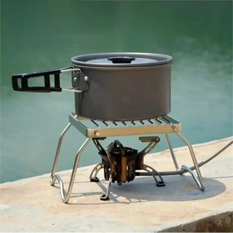 Stainless Steel Outdoor Stove Holder - Portable Folding Mini Barbecue Rack Set with Pot Holder & Baking Tray Holder - Ideal for Camping