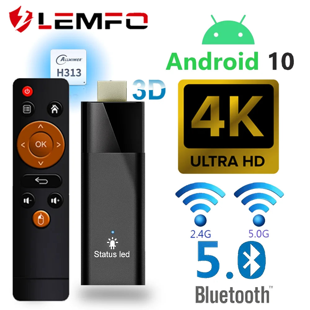 LEMFO Q6 Mini TV Stick: Android 10 Allwinner H313 Quad Core Cortex A53, 2GB RAM 16GB ROM BT5.2 HDMI2.0 4K HDR10+ WIFI H.265 Smart TV Box