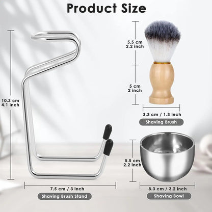 Men's Shaving Brush and Bowl Set – 3 in 1 Wood Handle Shaving Brush Kit with Stainless Steel Bowl and Brush Stand