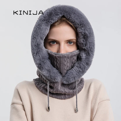 Winter Fur Cap and Mask Set for Women - Hooded Knitted Cashmere Balaclava with Plush Beanies, Windproof and Neck Warm