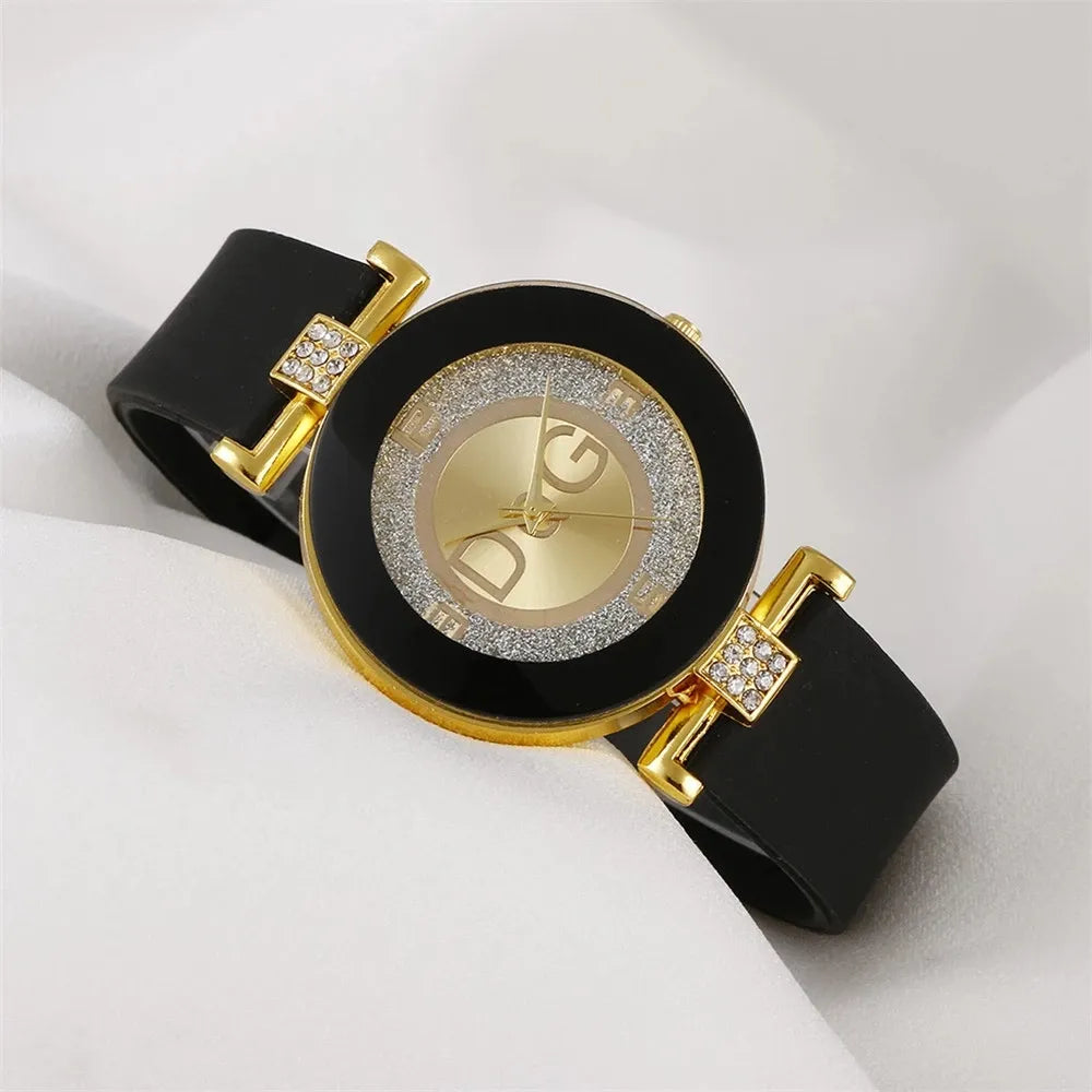 Women's Quartz Watch – Silicone Strap, Simplicity Rhinestone Design, Casual Wristwatch, Fashion Luxury Brand Black DQG