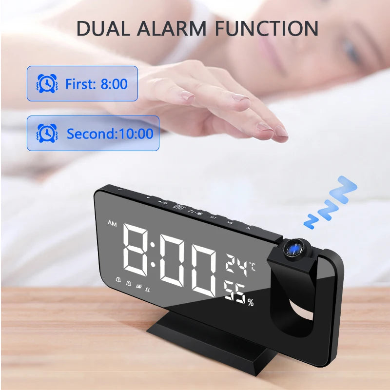 LED Digital Alarm Clock – USB Charging, FM Radio, Time Projector, Snooze Function, and Dual Alarms for Desktop