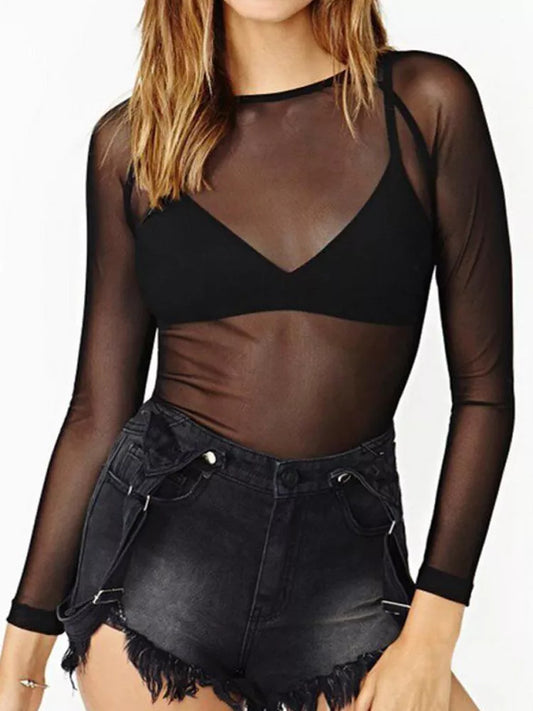 Sultry Mesh Elegance: Women's Long Sleeve Black Mesh Top - Transparent Punk Club Shirt, Ideal for Spring Summer Beach Wear