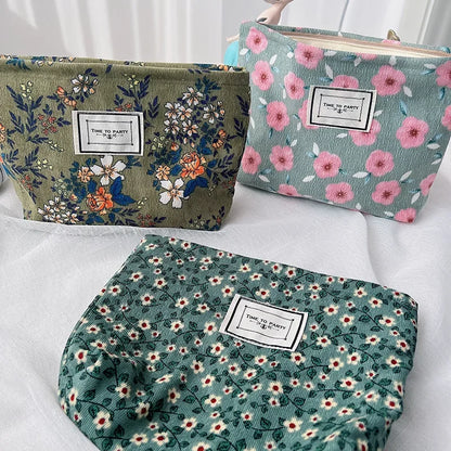 Korean Embroidered Floral Cosmetic Bag: Travel Makeup Organizer & Toiletry Pouch - Corduroy Canvas Beauty Case for Women