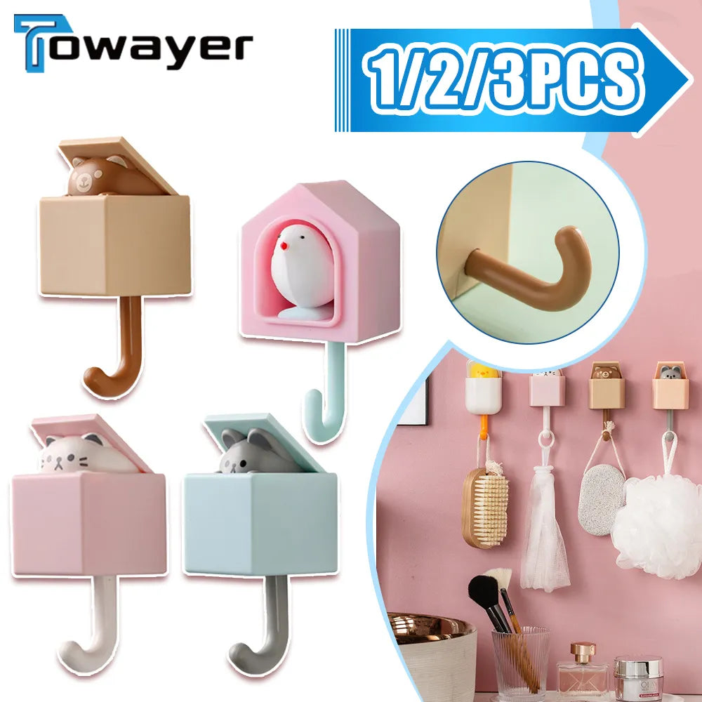 Cartoon Cat Self-Adhesive Door Hangers Hooks - Adorable Animal Decoration Rack for Dormitory, Bedroom, and More