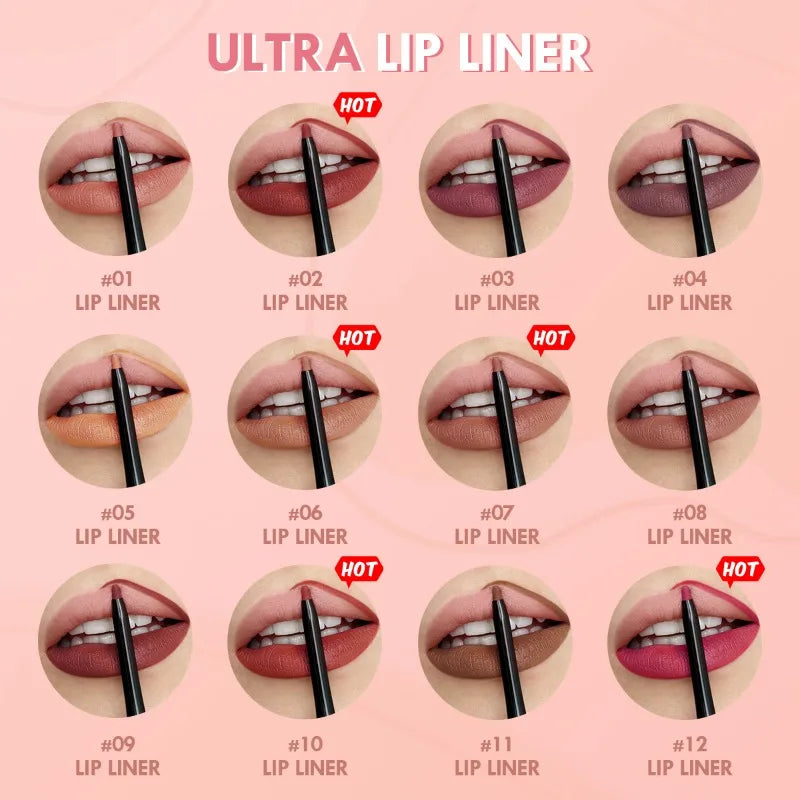 Waterproof Matte Lipliner Pencil - Long-Lasting Red Contour Tint Lipstick, Non-Stick Cup and Moisturizing Makeup, Available in 12 Colors