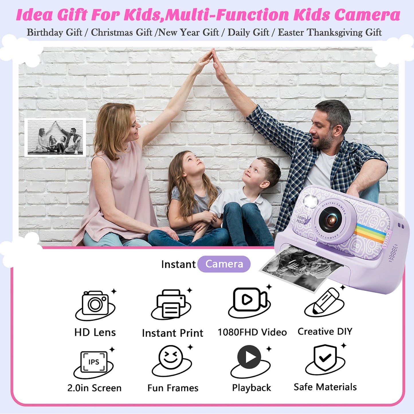 Kids Instant Print Camera with 2.0 Inch Screen | Christmas & Birthday Gifts for Girls Age 3-12 | Toddler Toy Camera