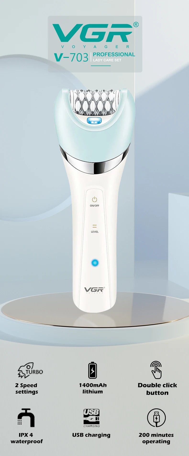 VGR 5-in-1 Electric Epilator V-703: Women's Shaver, Bikini Trimmer, Facial Cleaner, and Body Hair Remover with Massage Function