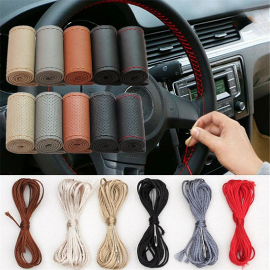 Leather Car Steering Wheel Cover - DIY Braid Design, Universal 38cm Auto Steering Wheel Case