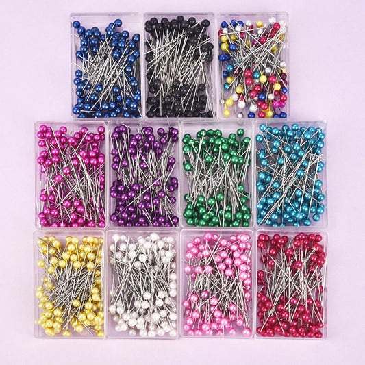 100Pcs/Box Colorful Round Pearl Head Sewing Pins - 38cm Straight Stitch Push Needles for Dressmaking & DIY Sewing Tools