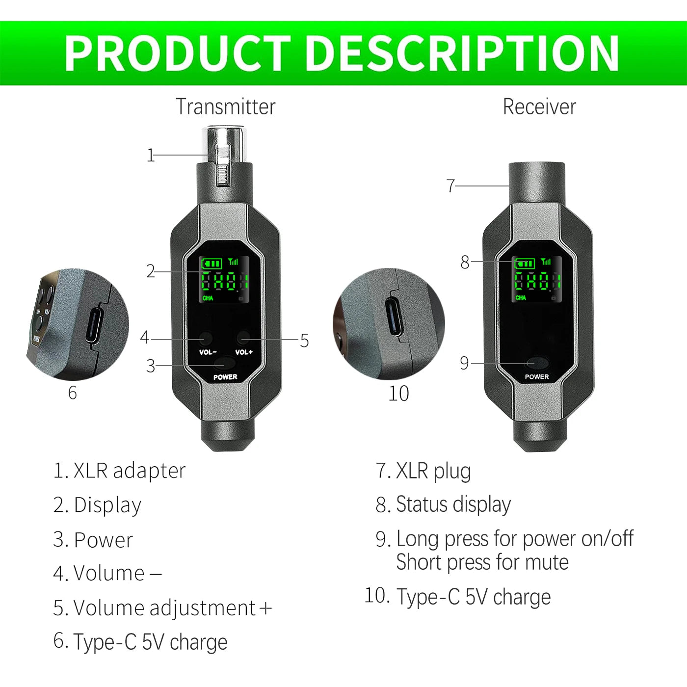 Wireless Microphone Converter: XLR Rechargeable Battery Transmitter and Receiver System for Dynamic Microphones - Ideal for Church Use