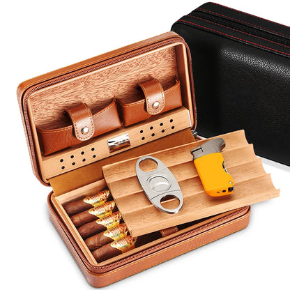 Portable Leather Cigar Humidor Box Set - Travel Cedar Wood Cigar Case with Cutter and Lighter - Essential Cigar Accessories