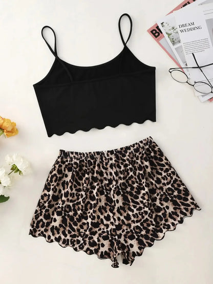 Women's Pajama Set - Sexy Leopard Print Lingerie, V-Neck Sleeveless Top and Shorts Sleepwear, Homewear