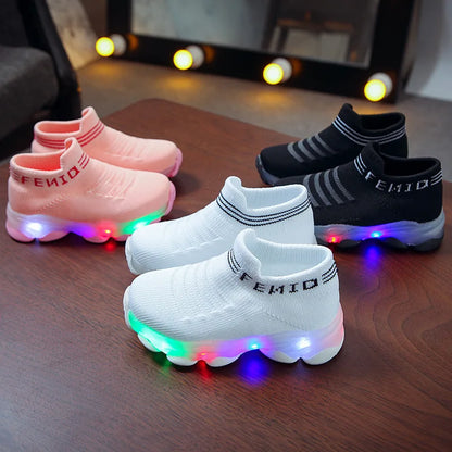 Kids' LED Light-Up Sneakers – Mesh Sport Shoes with Luminous Letters for Baby Girls & Boys, Light-Up Socks Design