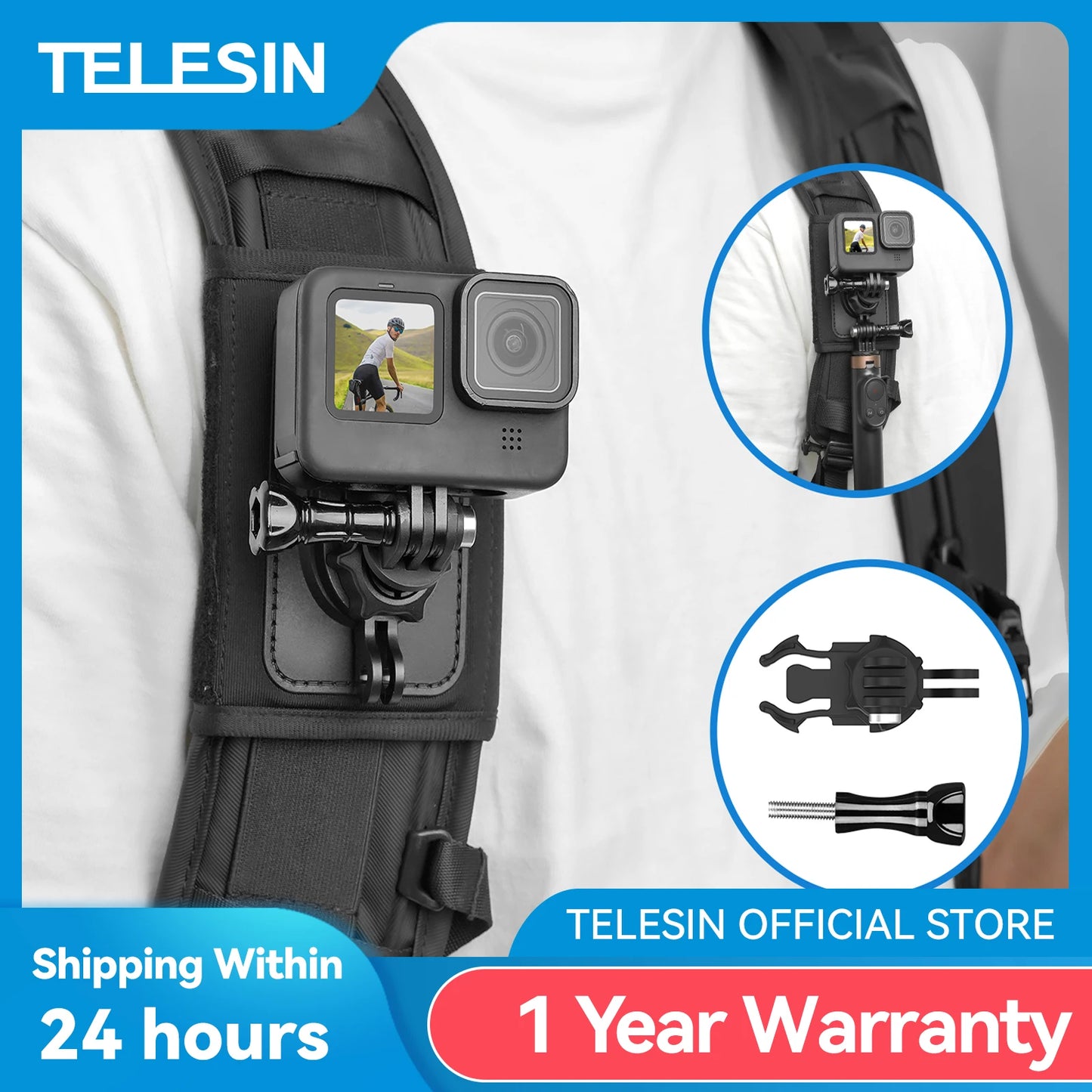 TELESIN 360° Rotation Backpack Strap Mount: Compatible with GoPro Hero 12-4, Insta360, SJCAM, EKEN, DJI Osmo Action - Essential Action Camera Accessory