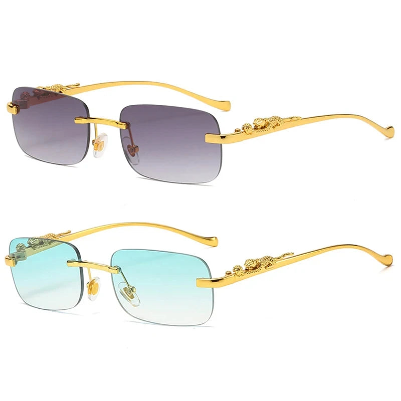 New Rimless Rectangle Sunglasses – Vintage Metal Leopard Head Design, Frameless Tinted Glasses for Women and Men