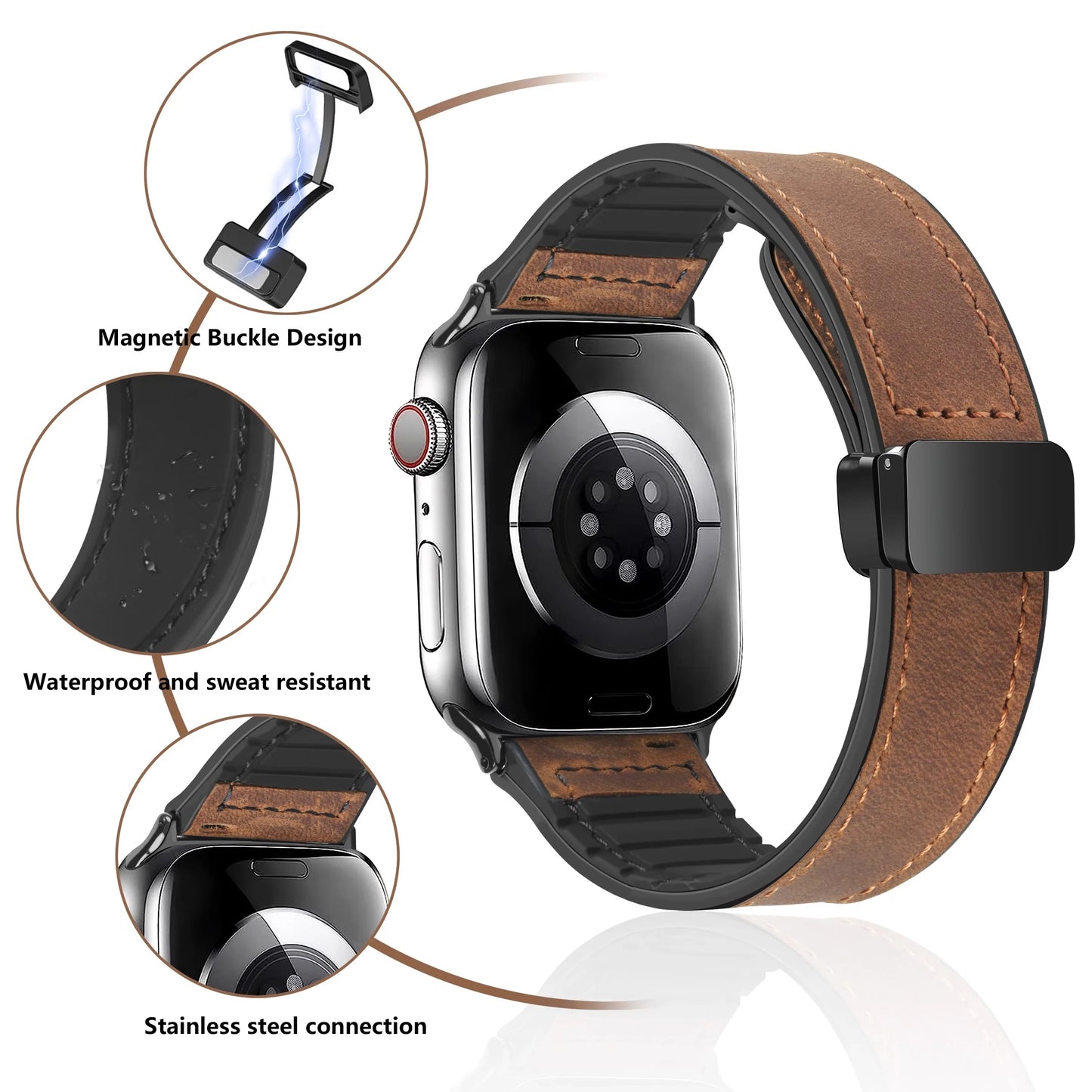 Leather and Silicone Strap for Apple Watch - Magnetic Band for Ultra 2, 49mm, 45mm, 44mm, 42mm, 41mm, 40mm, Series 9, 8, 7, SE, 6