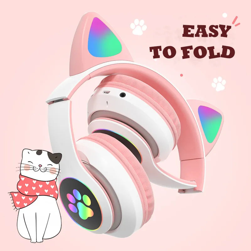 Cute Cat Ears Headphone Bluetooth 5.0 Stereo with Mic - Wireless Kids Girl Earphone with Flash Lamp, TF Card Support - Perfect Birthday Gift