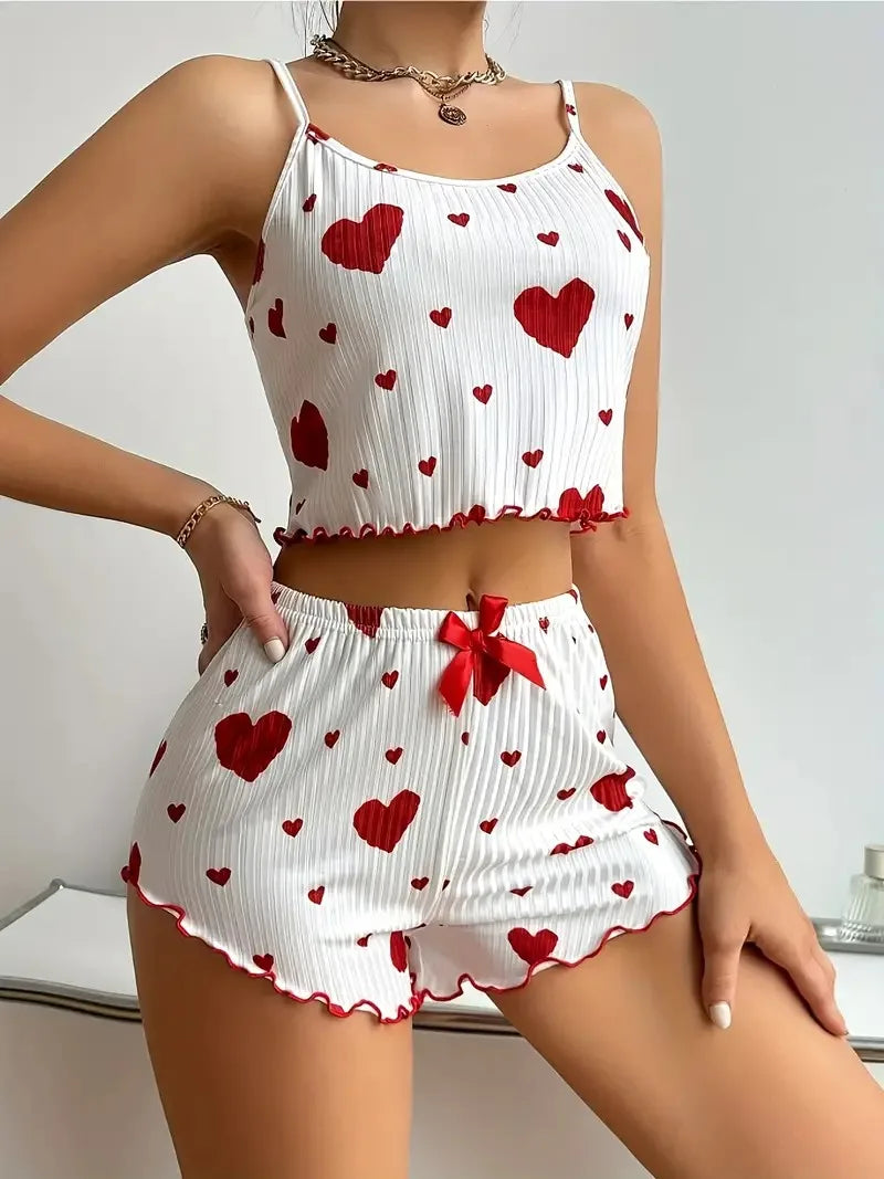 Summer Women's Heart Print Pajama Set - Relaxed Fit Round Neck Backless Crop Cami Top and Shorts Loungewear