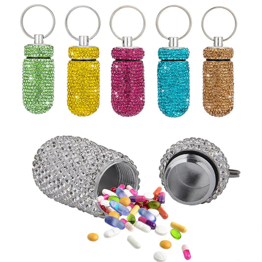 Sparkling Rhinestone Mini Pill Case - Portable Aluminum Alloy Medicine Organizer & Storage Bottle