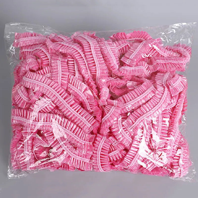 100pcs/set Disposable Shower Caps - Pink Plastic Waterproof Headgear for Spa Salon, Hotel, Hair Dye, Women's Elastic Hair Cap, Bathroom Accessory