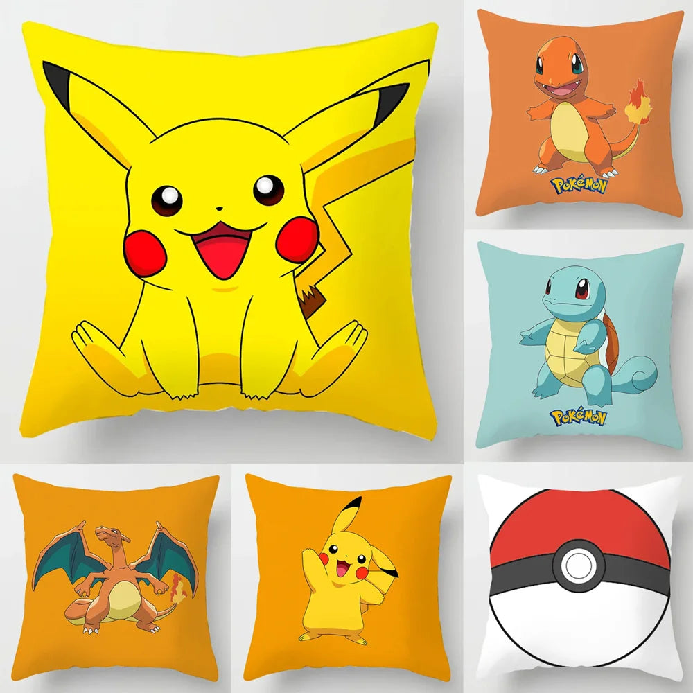 Anime Pokemon Pikachu and Charizard Pillow Cover - 45x45cm Cartoon Squirtle Action Figure Square Case for Home Sofa Decor, Toy Gift