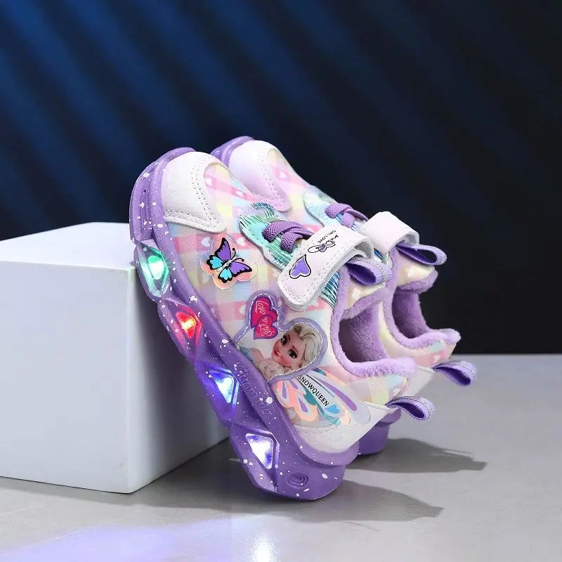 Disney LED Sneakers for Girls: Spring Elsa Princess Print Pu Leather Shoes - Children's Lighted Non-Slip Pink Purple Casual Footwear