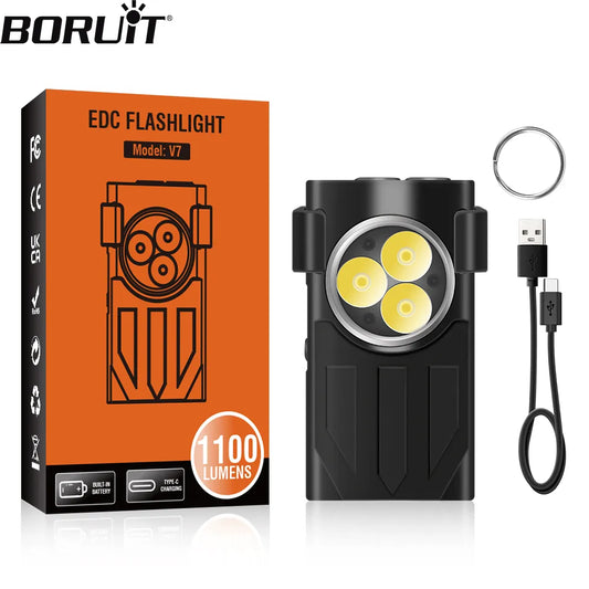 BORUiT V7 LED EDC Keychain Flashlight - Type-C Rechargeable Portable Work Light Mini Torch with Clip, UV Camping Pocket Lantern