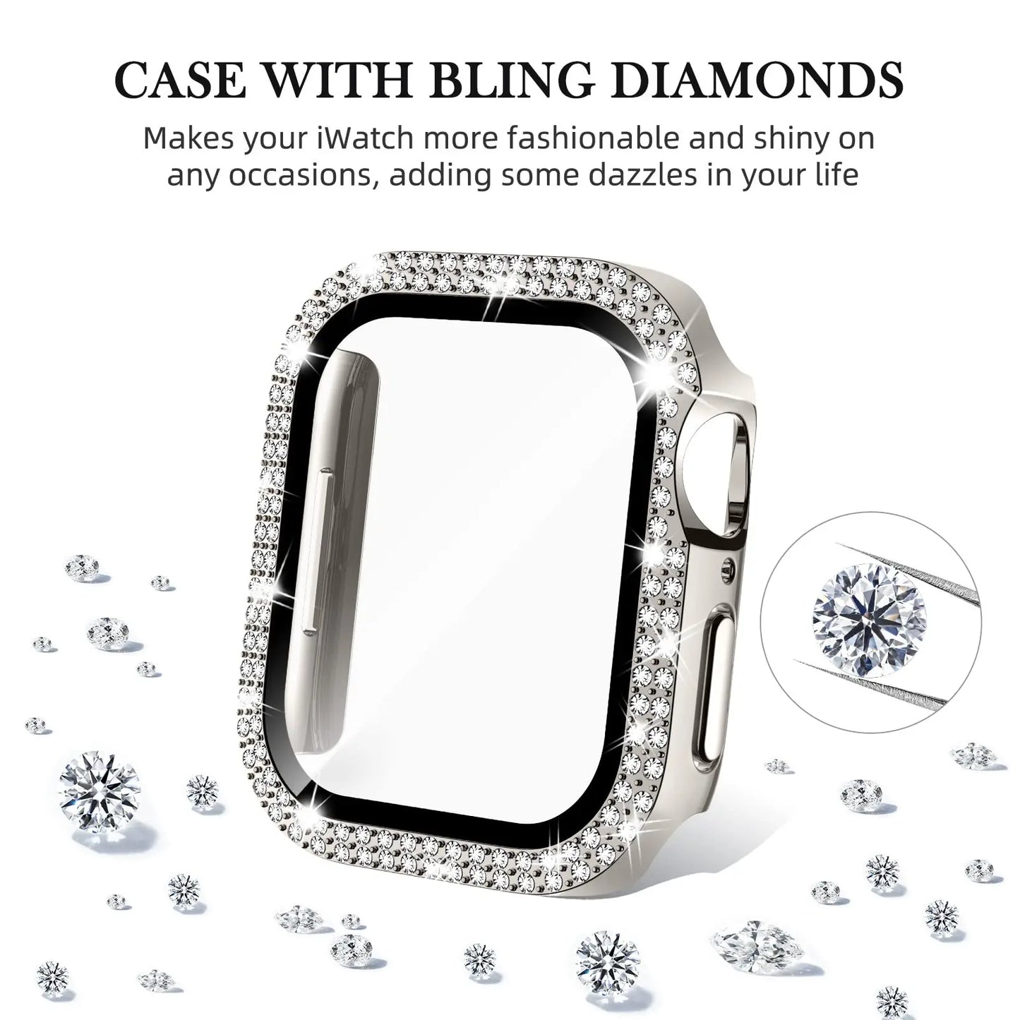 Glass and Diamond Apple Watch Case | Bling Bumper Protector for 38mm, 40mm, 41mm, 42mm, 44mm, 45mm | iWatch Series 3-9 and SE