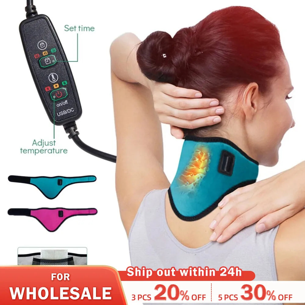 USB Electric Heating Neck Brace - Three Temperature Adjustable for Cervical Vertebra Fatigue Therapy - Neck Pain Relief & Massage Strap