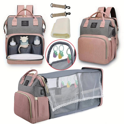 Mommy Baby Diaper Bag Backpack with Shade & Mosquito Net: USB Charging Port, Wet/Dry Compartments - Stroller Hanging Bag Included