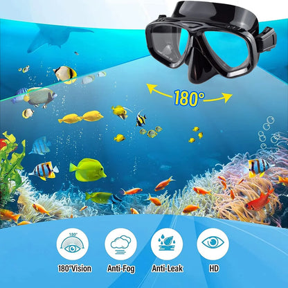 Snorkel Mask and Swimming Goggles - Scuba Diving with Silicone Skirt, Tempered Glass Lens, Wide View, Nose Cover, Adjustable Strap