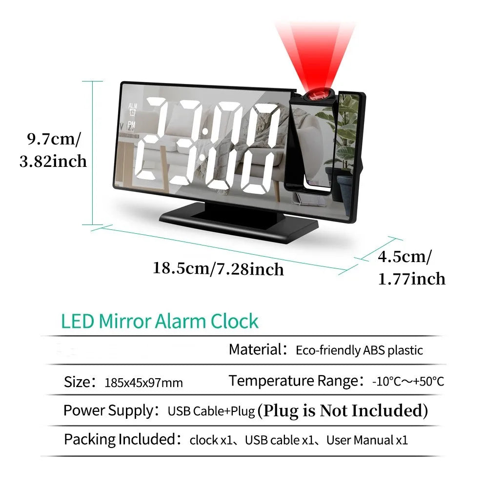 180° Arm Projection Digital Alarm Clock: Time, Temperature, Snooze Function - USB Projector LED Table Clock in 12/24H Format