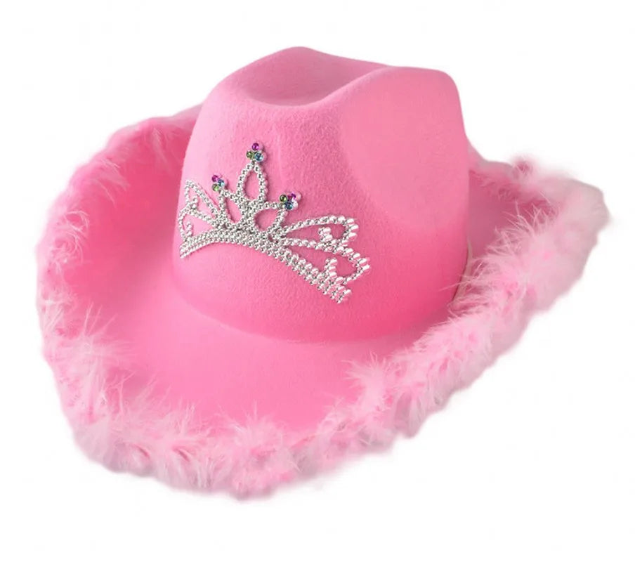 Pink Cowboy Hat for Women and Girls - Wide Brim Western Hat with Glitter Crown, Sequins, and Feathers, Y2K Cowgirl Party Costume Accessories