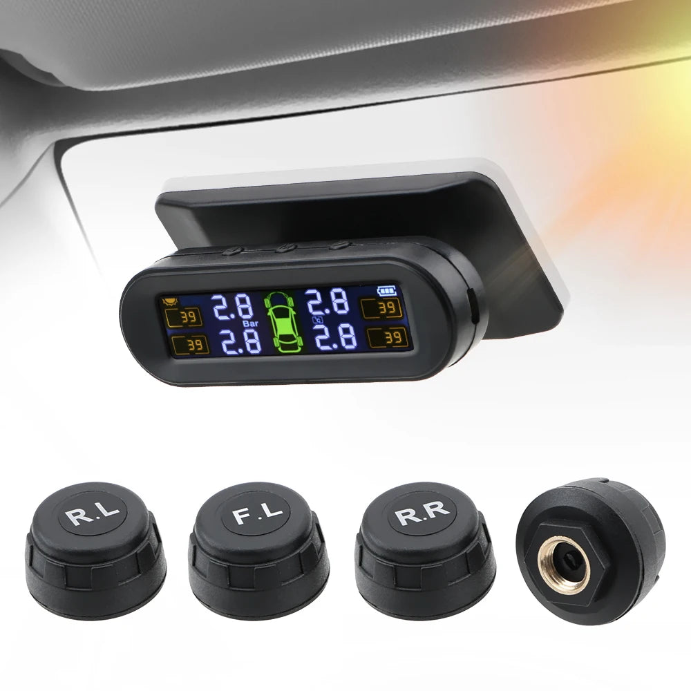 Tire Pressure Monitoring System with Temperature Warning - Solar TPMS with 4 External Sensors for Fuel Savings and Car Tyre Pressure Monitoring