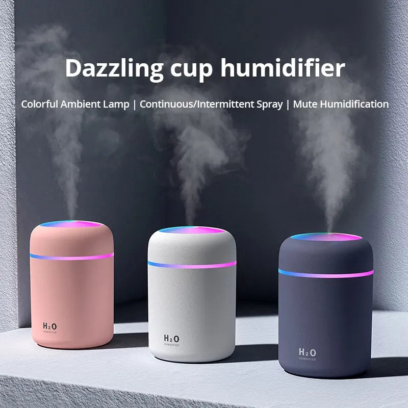 Portable USB Cool Mist Sprayer: 300ml Electric Air Humidifier with Aroma Oil Diffuser - Colorful Night Light for Home and Car